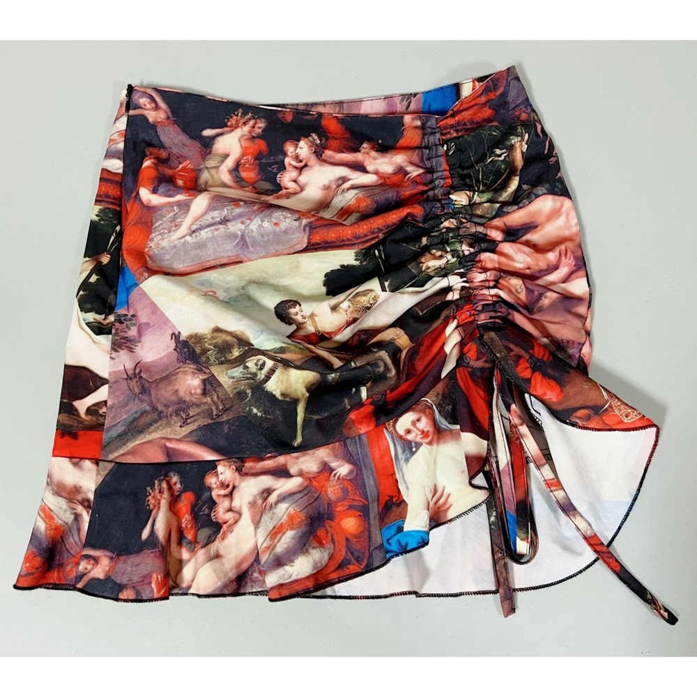 Renaissance Art Paintings Graphic Ruched Ruffle Bodycon Mini Skirt Size S 🖤🖼✨